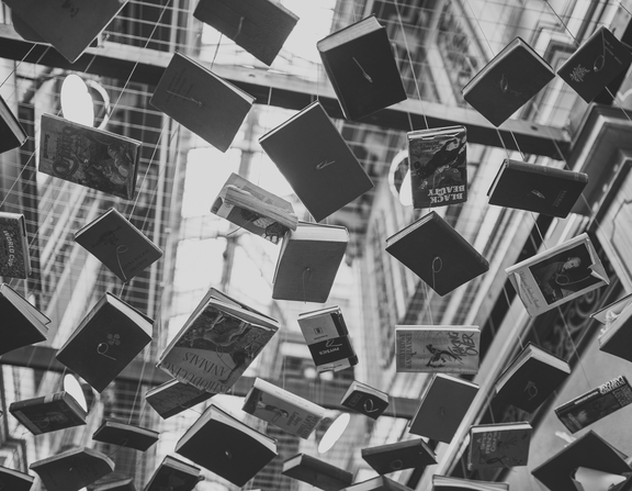 Large canva   grayscale photo of hanging books