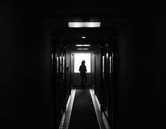 Large canva   person standing on dark hallway